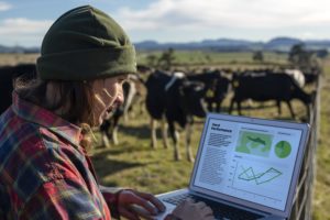 Woman on dairy farm (28 yrs) using technology